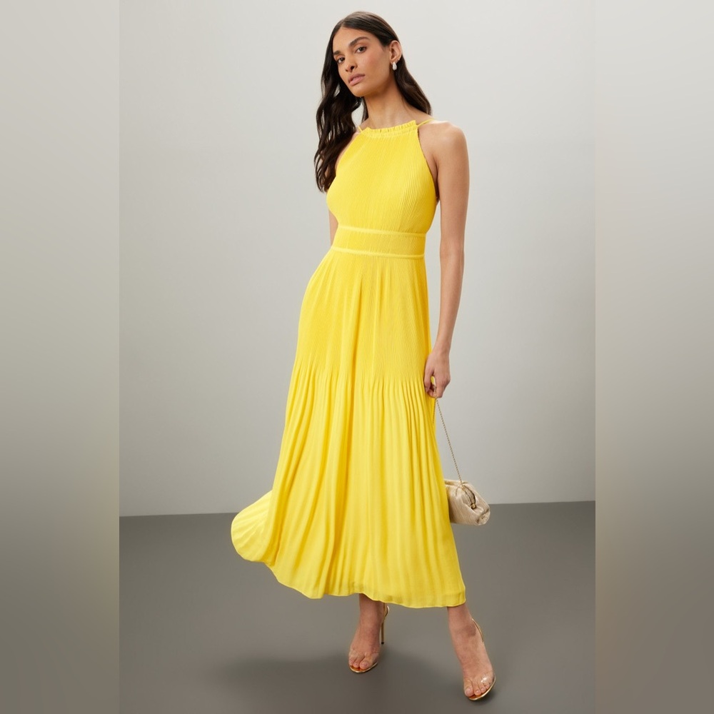 AMUR Yellow Halter Pleated Midi Dress